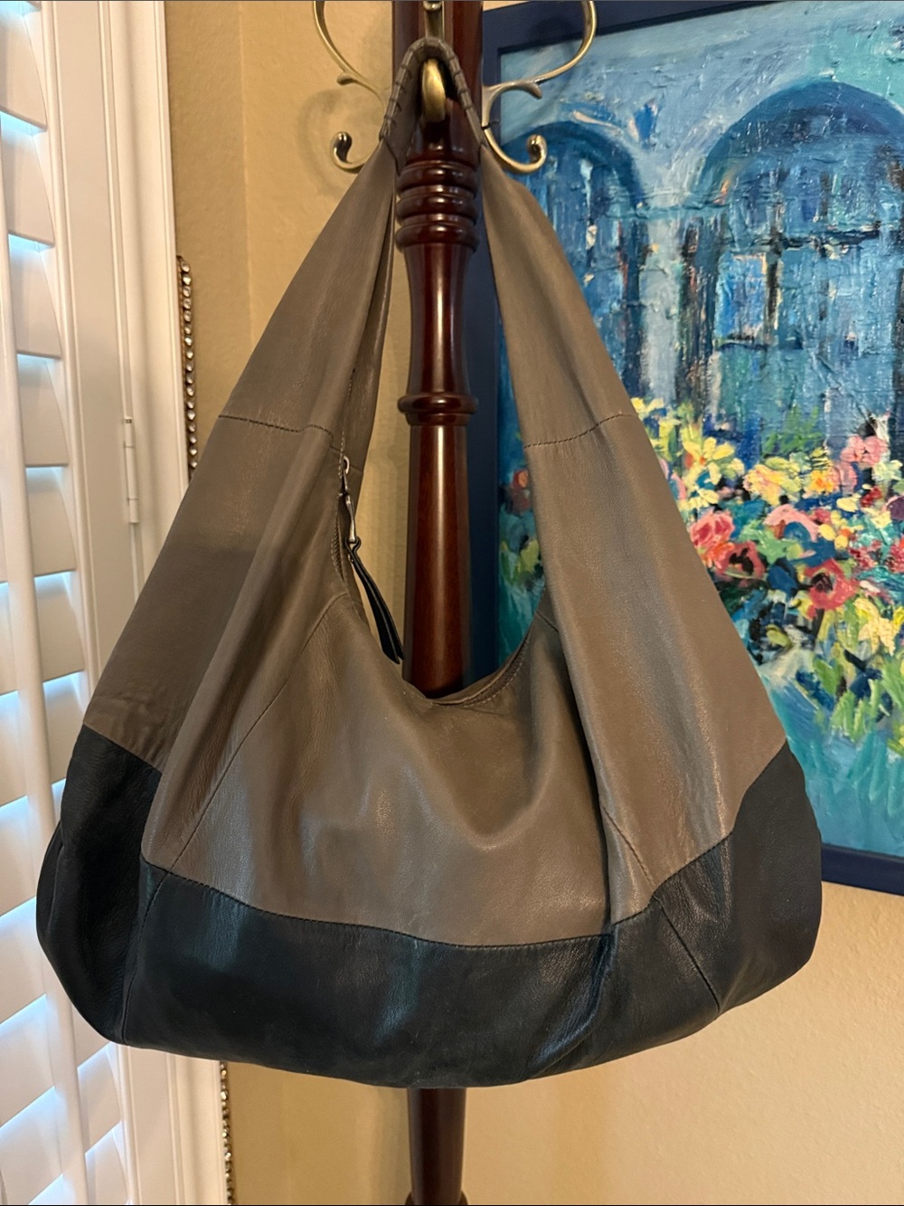 Splendid Two-Tone Gray and Black Leather Hobo Bag